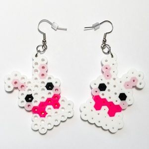 Valentine’s Day White Bunny With Ribbon Perler Bead Earrings. New